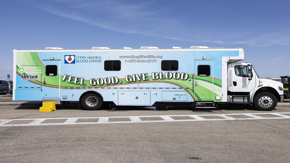The Coffee Memorial Blood Center mobile donation bus parked at the JCDC. The Coffee Memorial Blood Center mobile donation bus parked at the JCDC. Photo by Adam Baker.