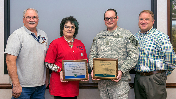 From left: Monte McAnear, Robin Harris, Anthony Ingersoll, and Corey Strickland showcase Pantex’s two recent safety recognitions. From left: Monte McAnear, Robin Harris, Anthony Ingersoll, and Corey Strickland showcase Pantex’s two recent safety recognitions